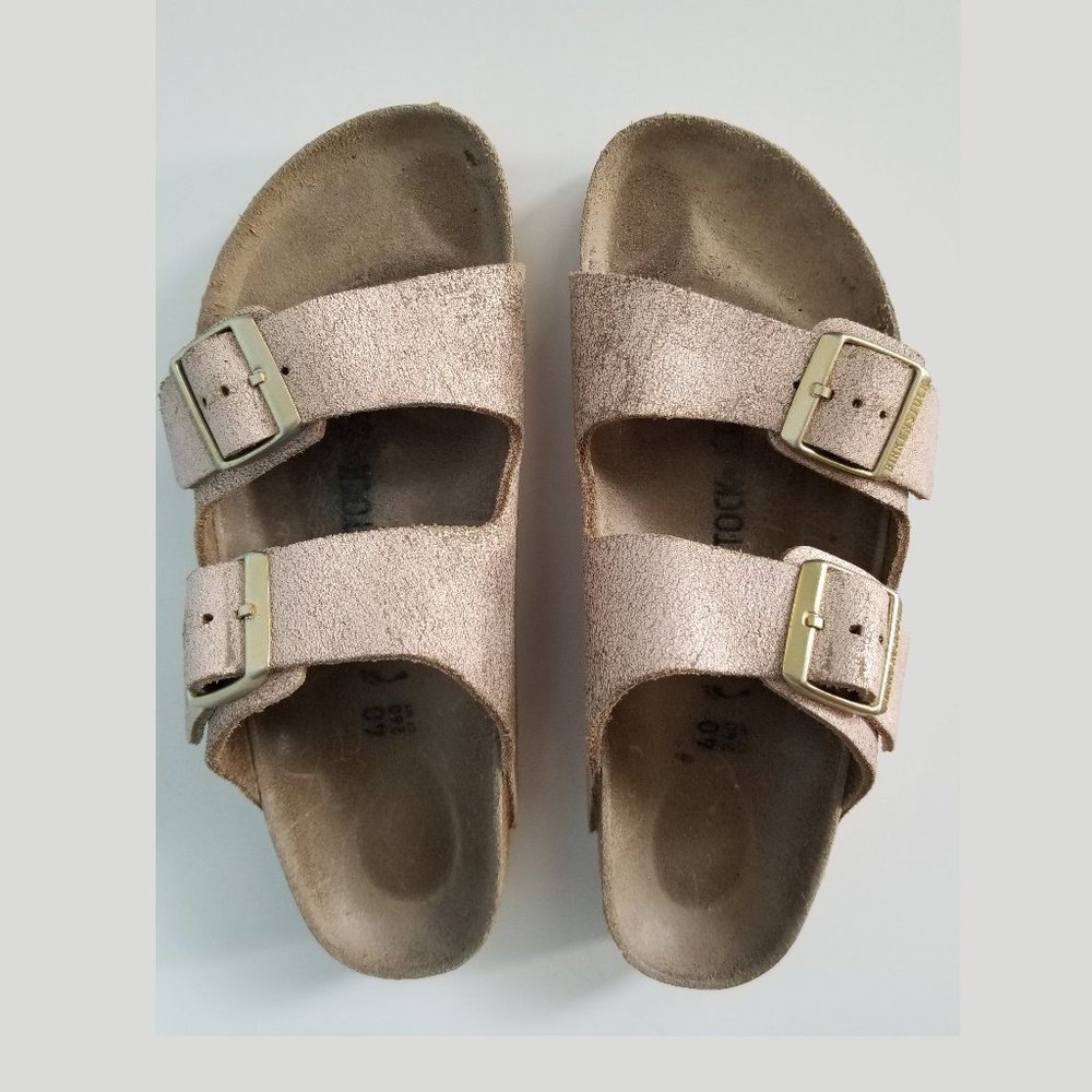 Birkenstock Arizona Washed Metallic Rose Gold Sz 9
